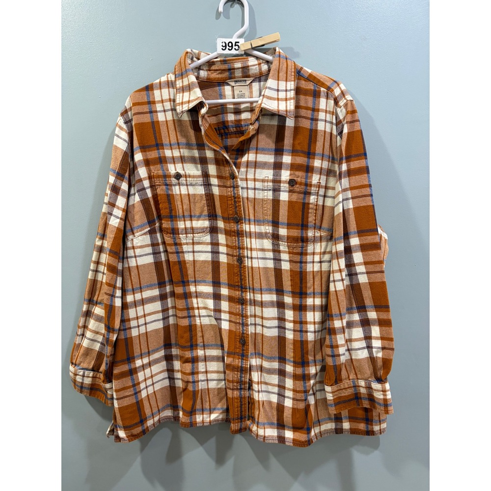 Duluth Trading Co Womens 2X Flannel Shirt Orange Plaid Cotton Button Down Top
